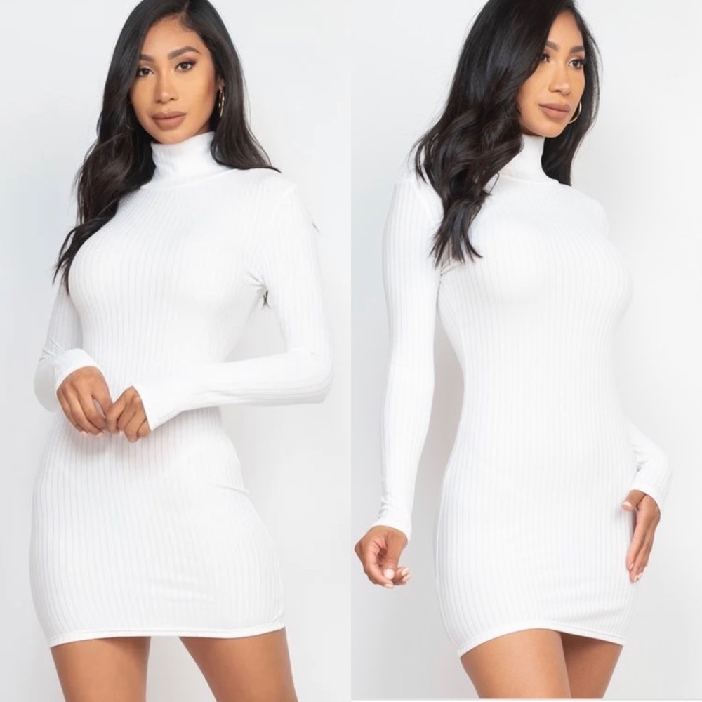 WHITE LONG SLEEVE RIBBED MOCK NECK BODYCON MINI  DRESS - Picture 2 of 4